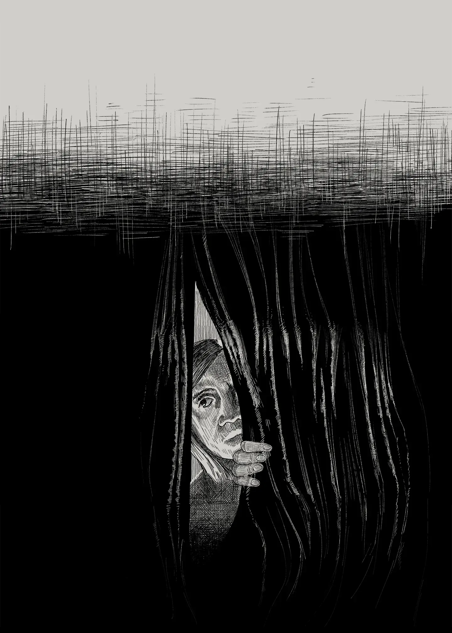 An illustration of Jasmine peeking through curtains.