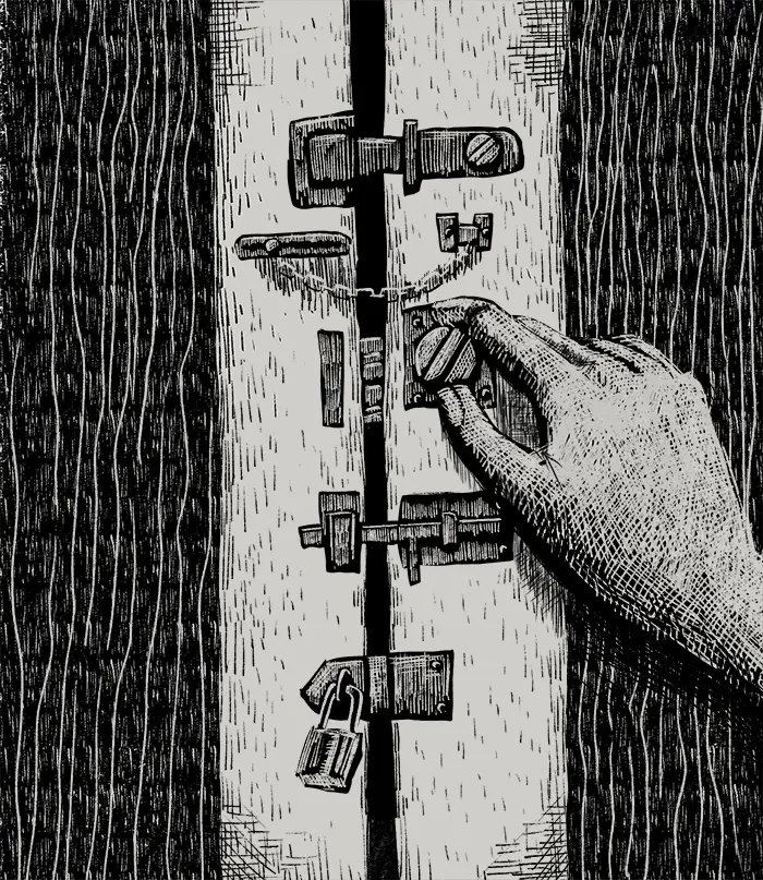 An illustration of Jasmine putting locks on her door.