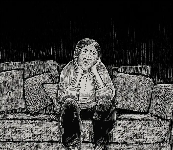 An illustration of Jasmine sitting at her home.