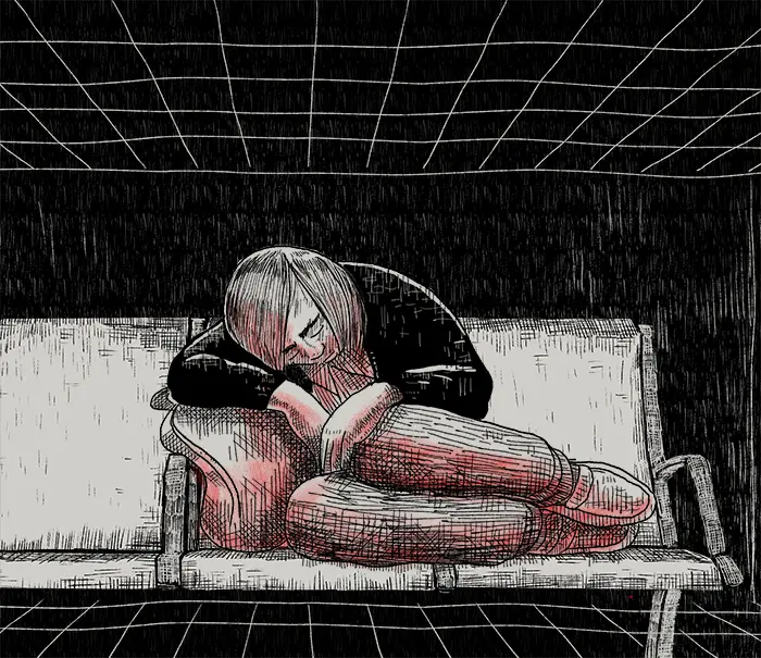 An illustration of Jasmine sleeping at Changi Airport.