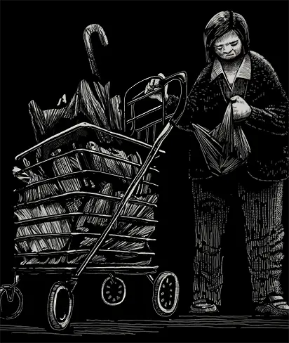 An illustration of Jasmine and a trolley filled with her things.