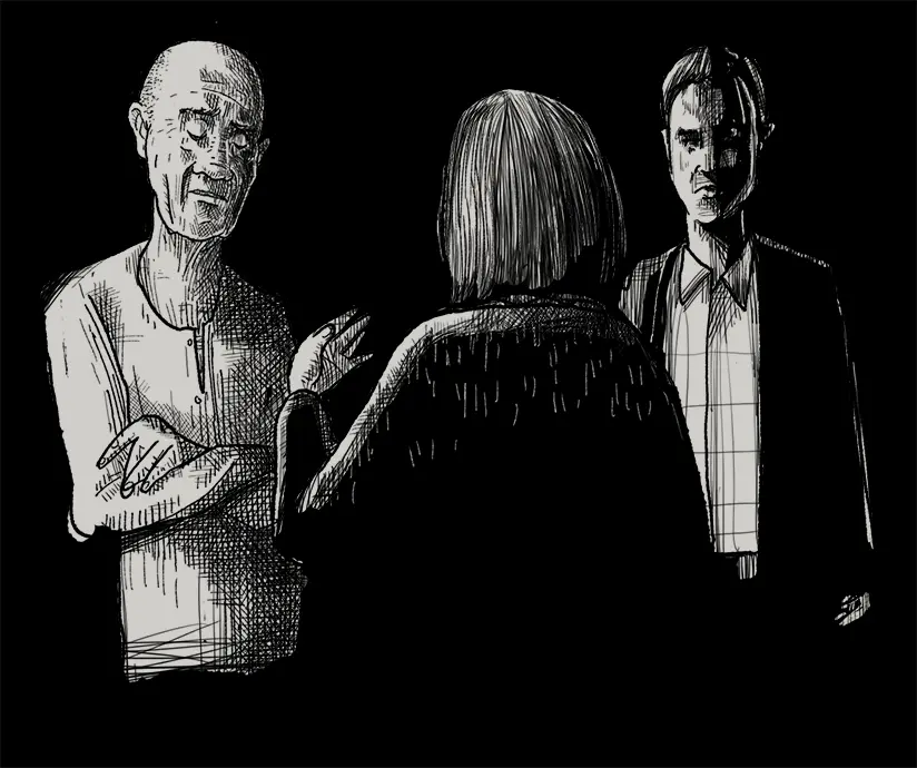 An illustration of Jasmine asking for help from two men.