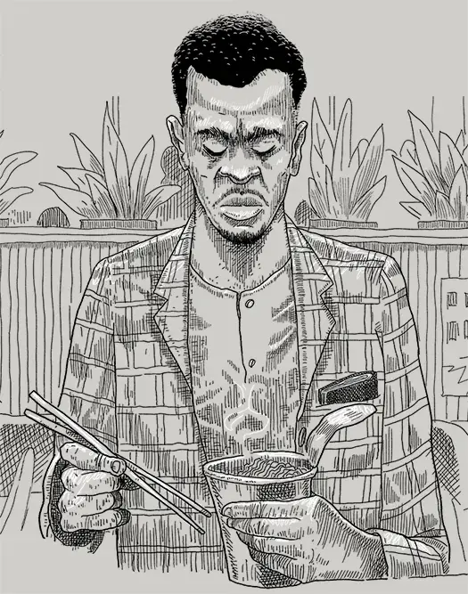 An illustration of Jumaah which zooms out to reveal him holding cup noodles.