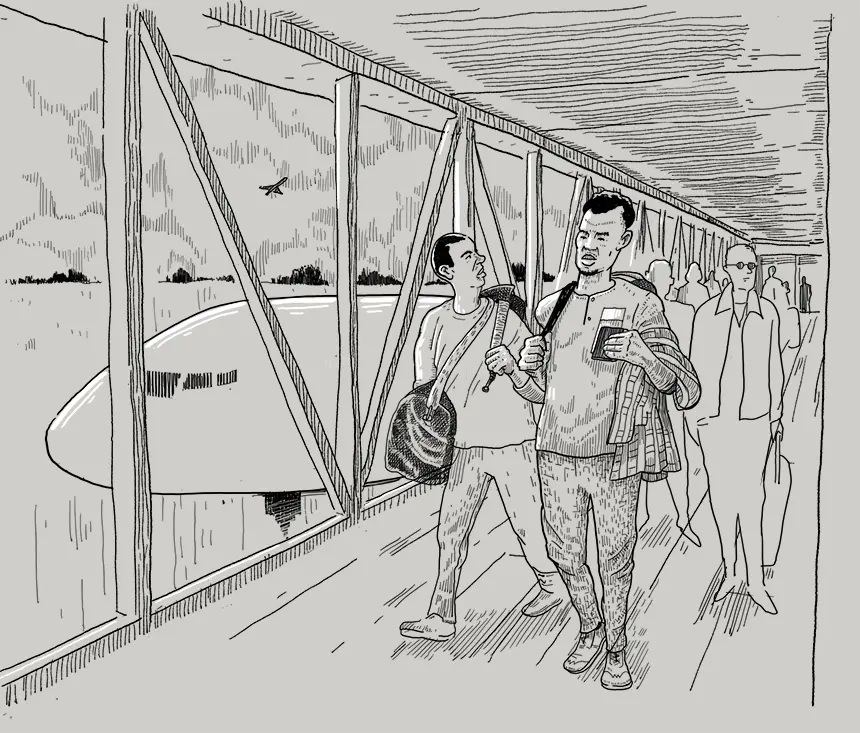 An illustration of Jumaah arriving in Singapore.