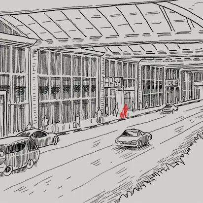 An illustration of Jumaah waiting for the agent outside of the terminal.