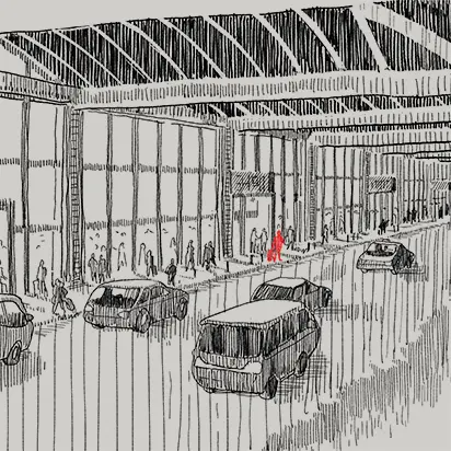 An illustration of Jumaah waiting for the agent outside of the terminal.