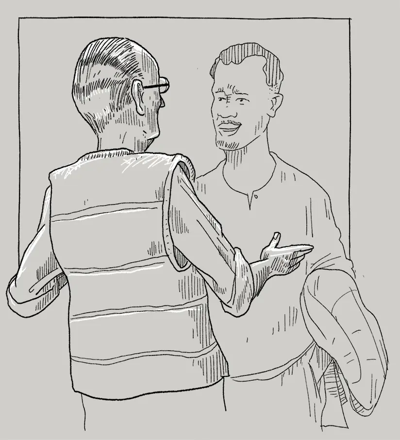 An illustration of Jumaah talking to Dr Charles Johnson.