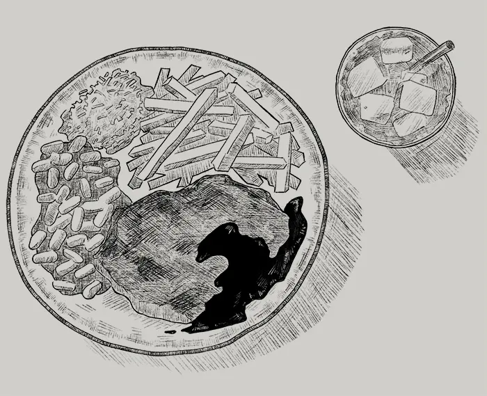 An illustration of a plate of chicken chop and a glass of iced drink.