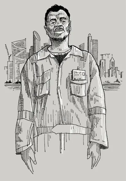 An illustration of Jumaah working in the United Arab Emirates.