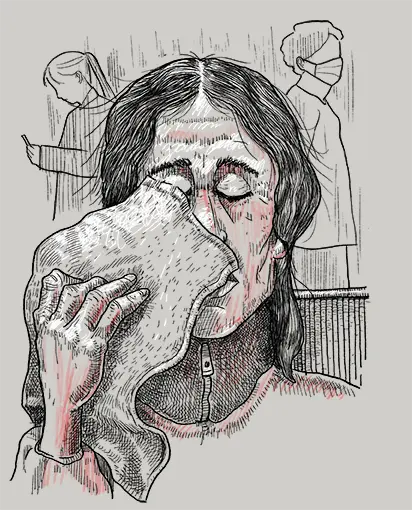 An illustration of Eileen removing the towel from her face.