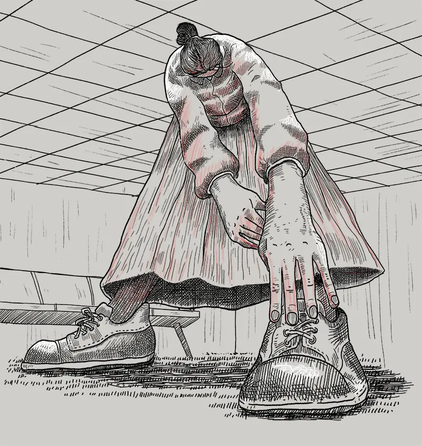 An illustration of Eileen doing stretches.