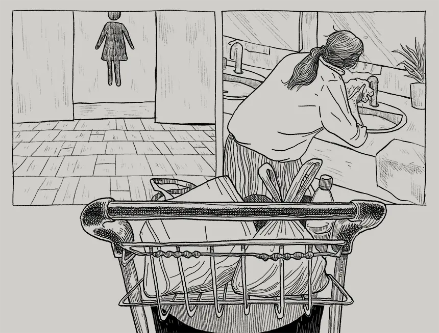An illustration of Eileen cleaning herself up in the toilet.