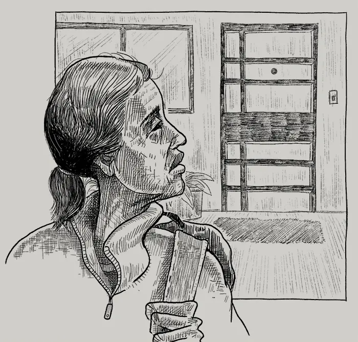 An illustration of Eileen leaving her home.
