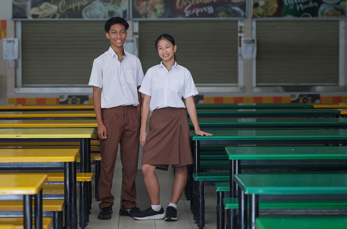 Bukit View students wearing their brown-and-white uniforms