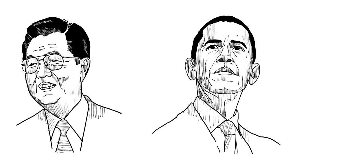 Illustrated portraits of Hu Jintao and Barack Obama