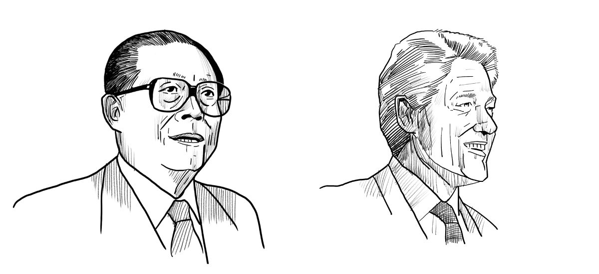 Illustrated portraits of Jiang Zemin and Bill Clinton