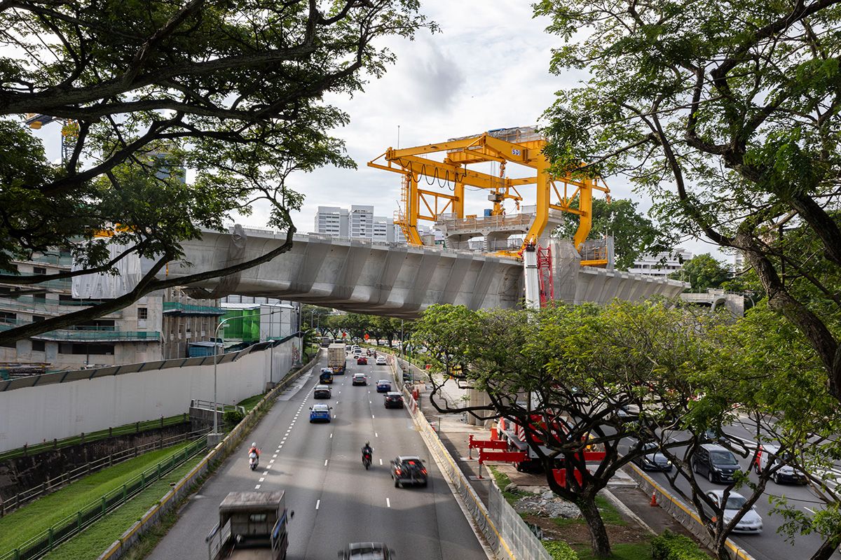 An overview of the lifting frame machinery at the segment of the viaduct crossing the PIE, constructed as part of the Jurong Region Line (JRL) beside the Jurong East Flyover, on Jan 16.