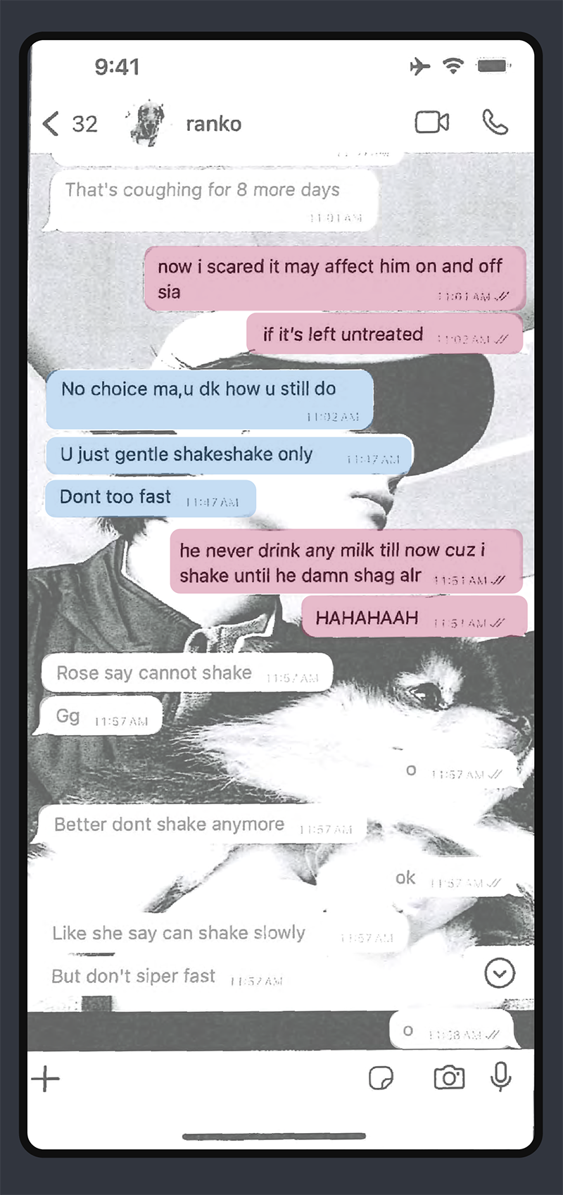 A screenshot of a text message conversation. Gan: now i scared it may affect him on and off sia. if it’s left untreated. Neo: No choice ma,u dk how u still do. U just gentle shakeshake only. Dont too fast. Gan: he never drink any milk till now cuz i shake until he damn shag alr. HAHAHAAH.