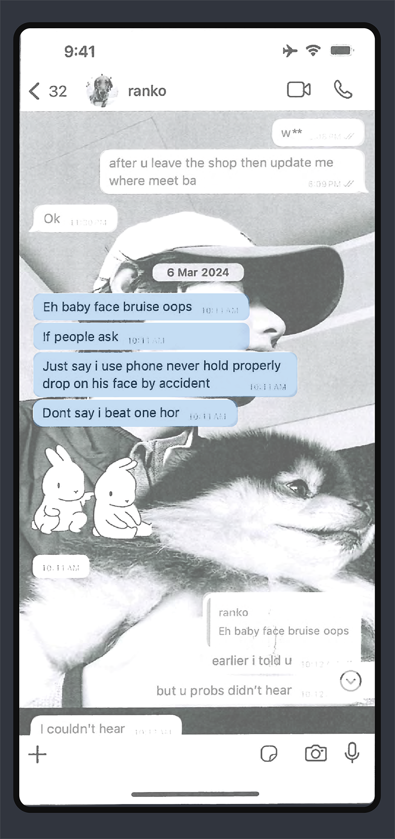 A screenshot of a text message conversation. Neo: Eh baby face bruise oops. If people ask. Just say i use phone never hold properly drop on his face by accident. Dont say i beat one hor.
