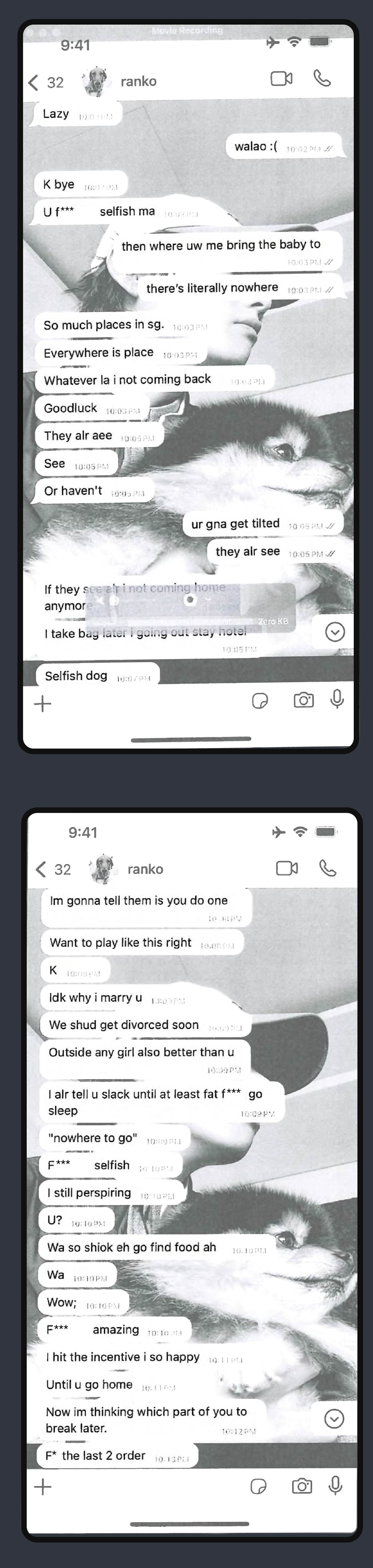 A screenshot of a text message conversation. Neo: Selfish dog. Im gonna tell them is you do one. Want to play like this right. K. Idk why i marry u. We shud get divorced soon. Outside any girl also better than u. I alr tell u slack until at least fat f*** go sleep. “nowhere to go”. F******* selfish. I still perspiring. U? Wa so shiok eh go find food ah. Wa. Wow; F****** amazing. I hit the incentive i so happy. Until u go home. Now im thinking which part of you to break later.