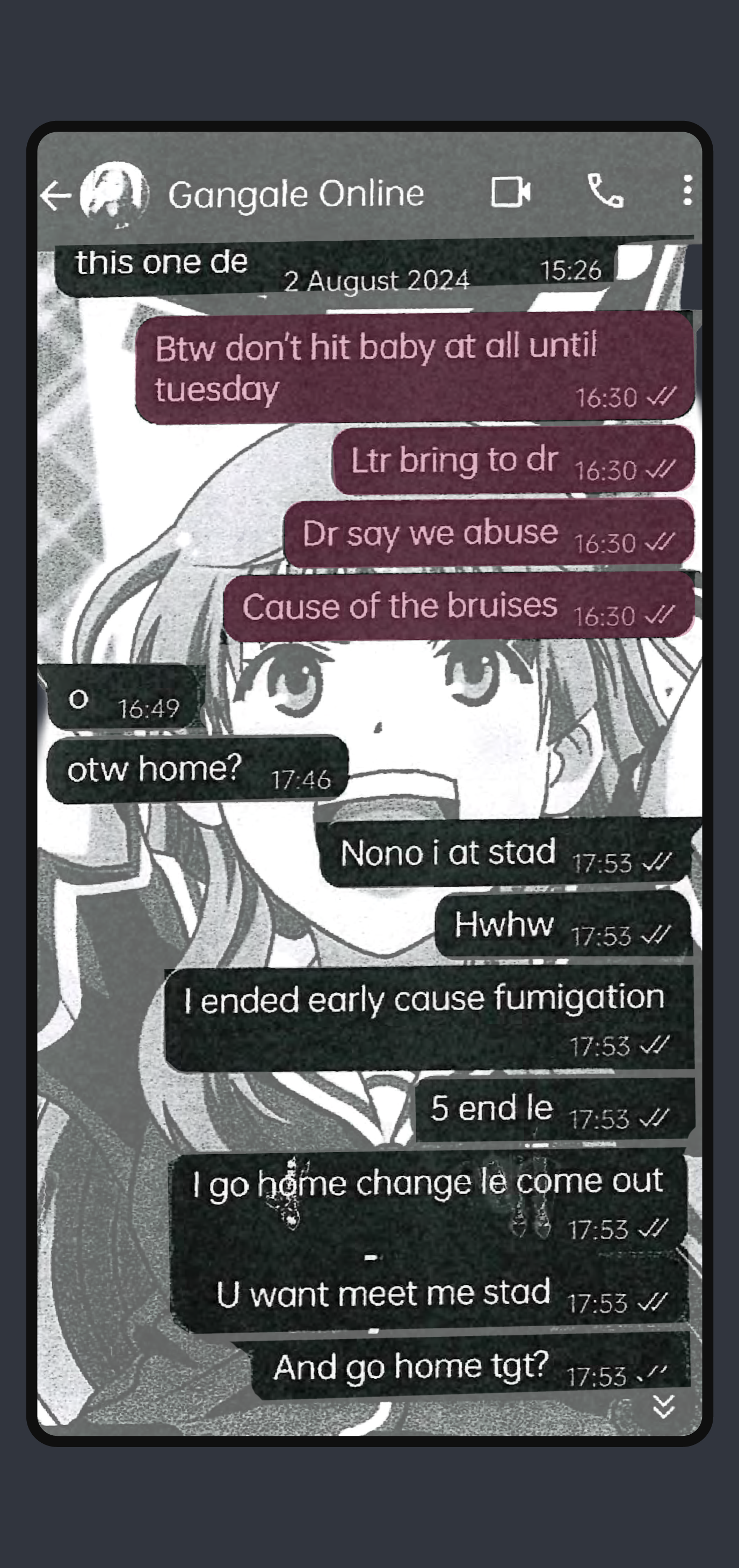 A screenshot of a text message conversation. Neo: Btw don’t hit baby at all until tuesday. Ltr bring to dr. Dr say we abuse. Cause of the bruises.