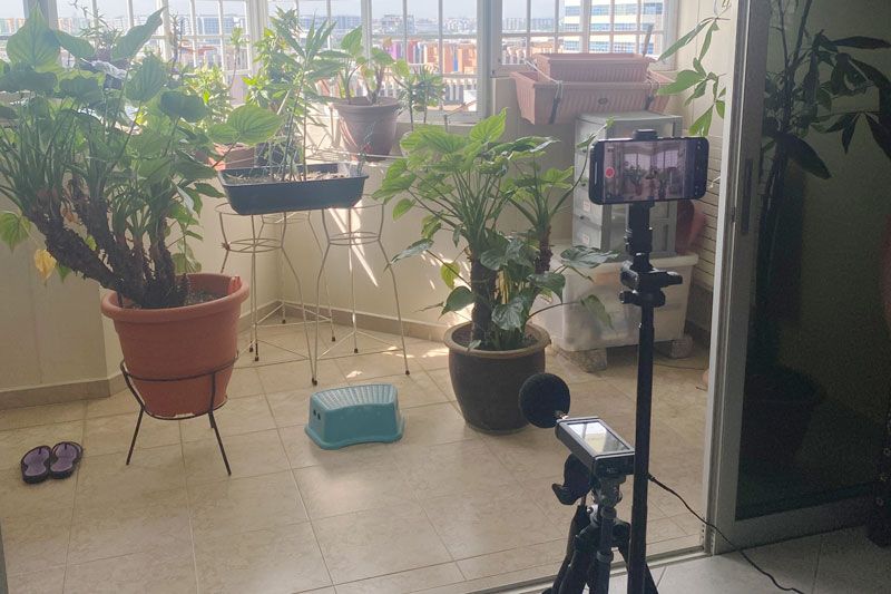 An iphone and a mic on stands as part of the recording set-up.