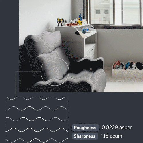 A clip from a video in the article, with a sofa showing visual distortion effects corresponding to the psychoacoustics data of the sound in that video.