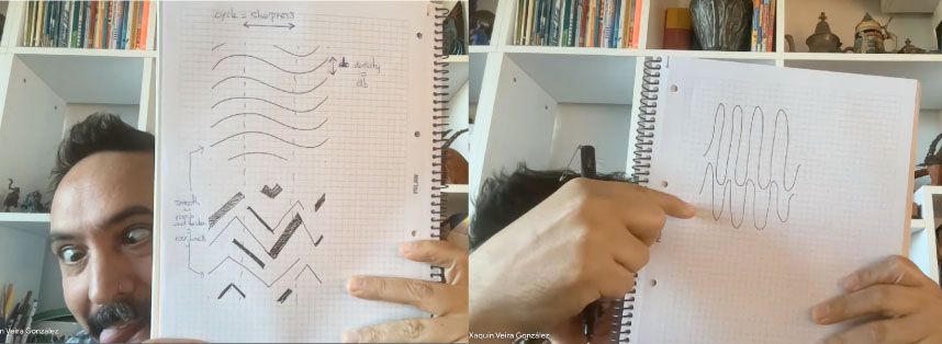 A screenshot of Xaquin with his tongue out, holding up a sketch in a notebook.